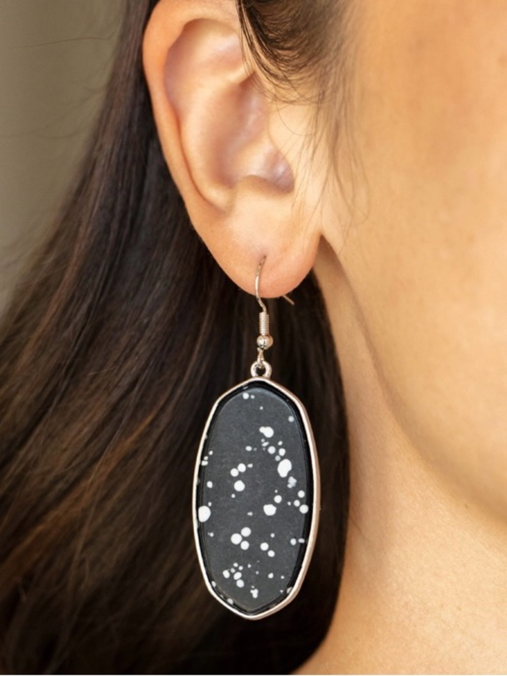 Black Speckled Oval Drop Earrings